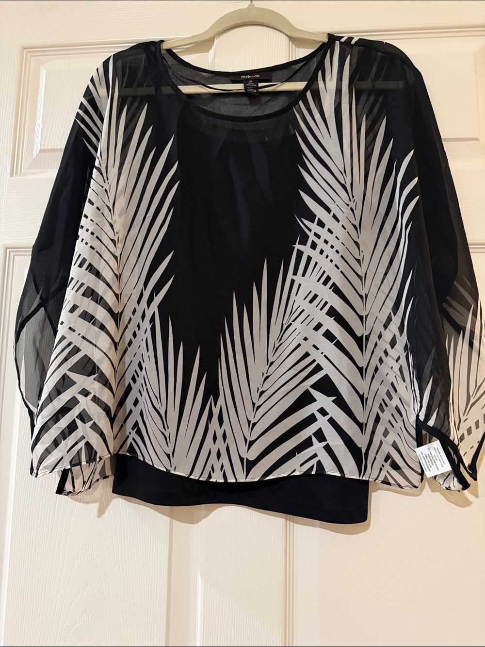 Style & Co. Black Sheer Blouse with White Palm-Leaf Print
